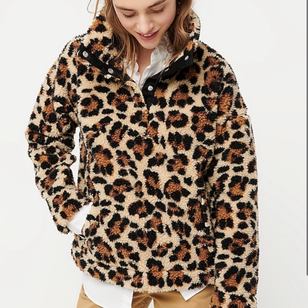 NWT J Crew Snap Collar Pullover Leopard Fleece S